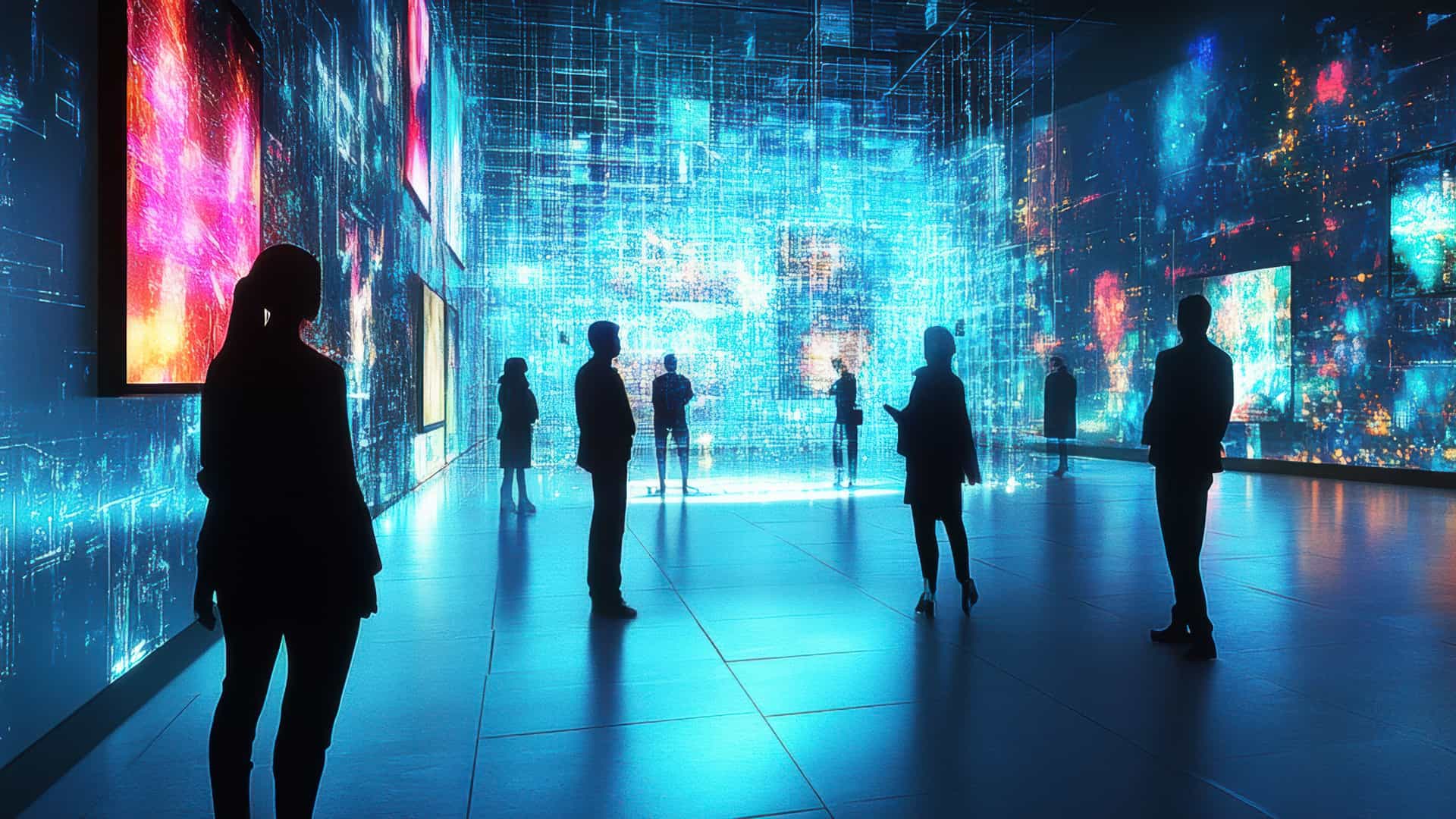 A cluster of people silhouettes in a futuristic landscape