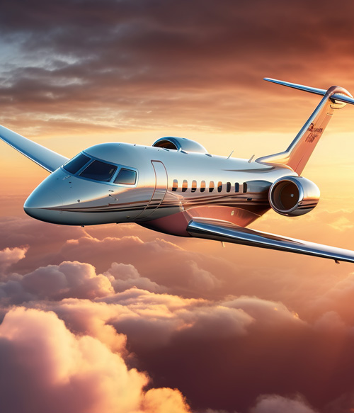A luxury personal jet in a sunset sky.